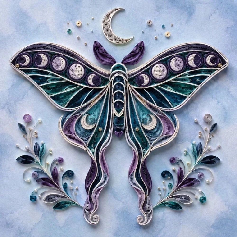 8x8 Moon Phase Moth Framed 2D Quilling Style Art Print